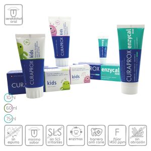 Pastas dentales enzimáticas enzycal 1450 & curaprox Kids