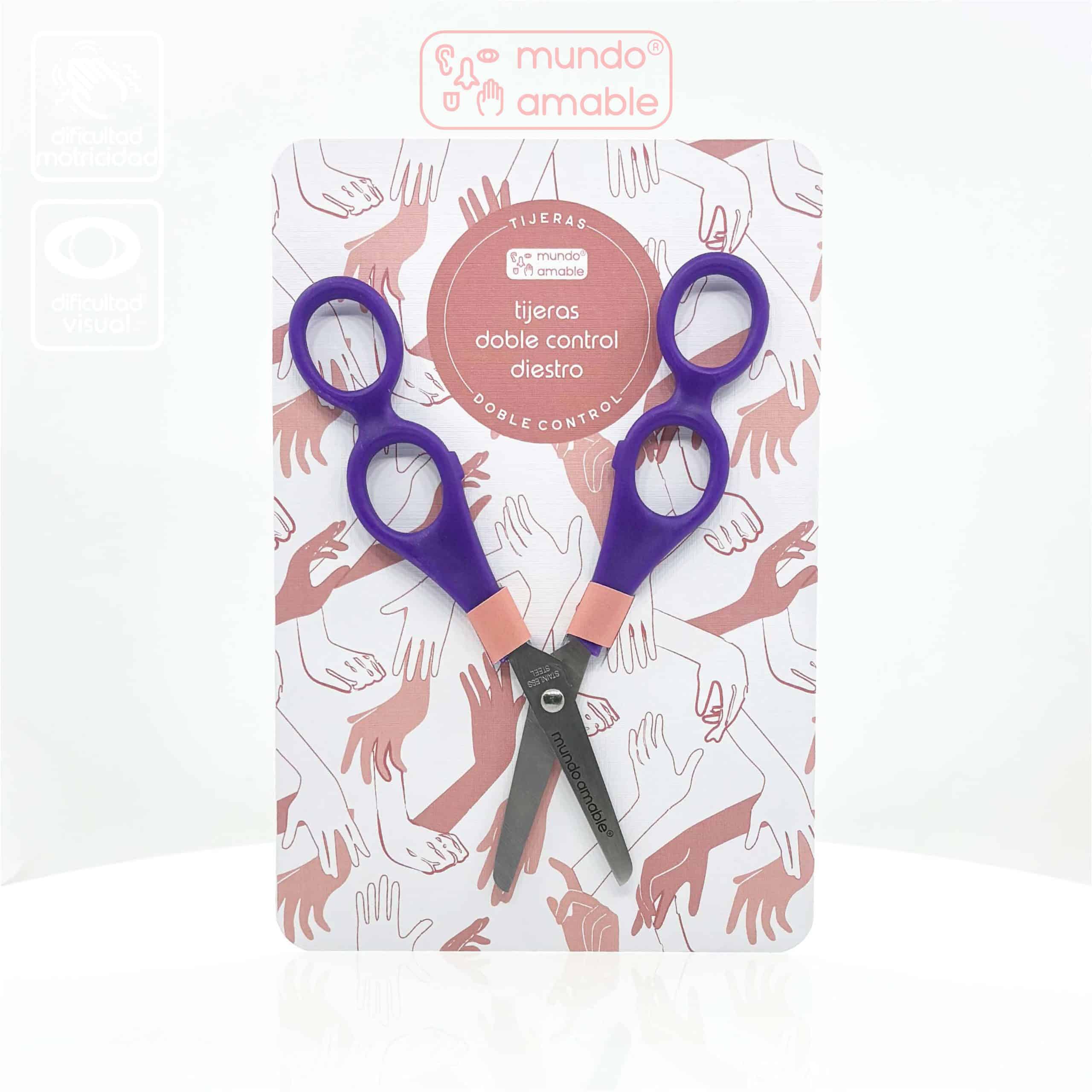 Tijeras doble control mundo amable motricidad ciego temblor discapacidad asistida aprendizaje morado