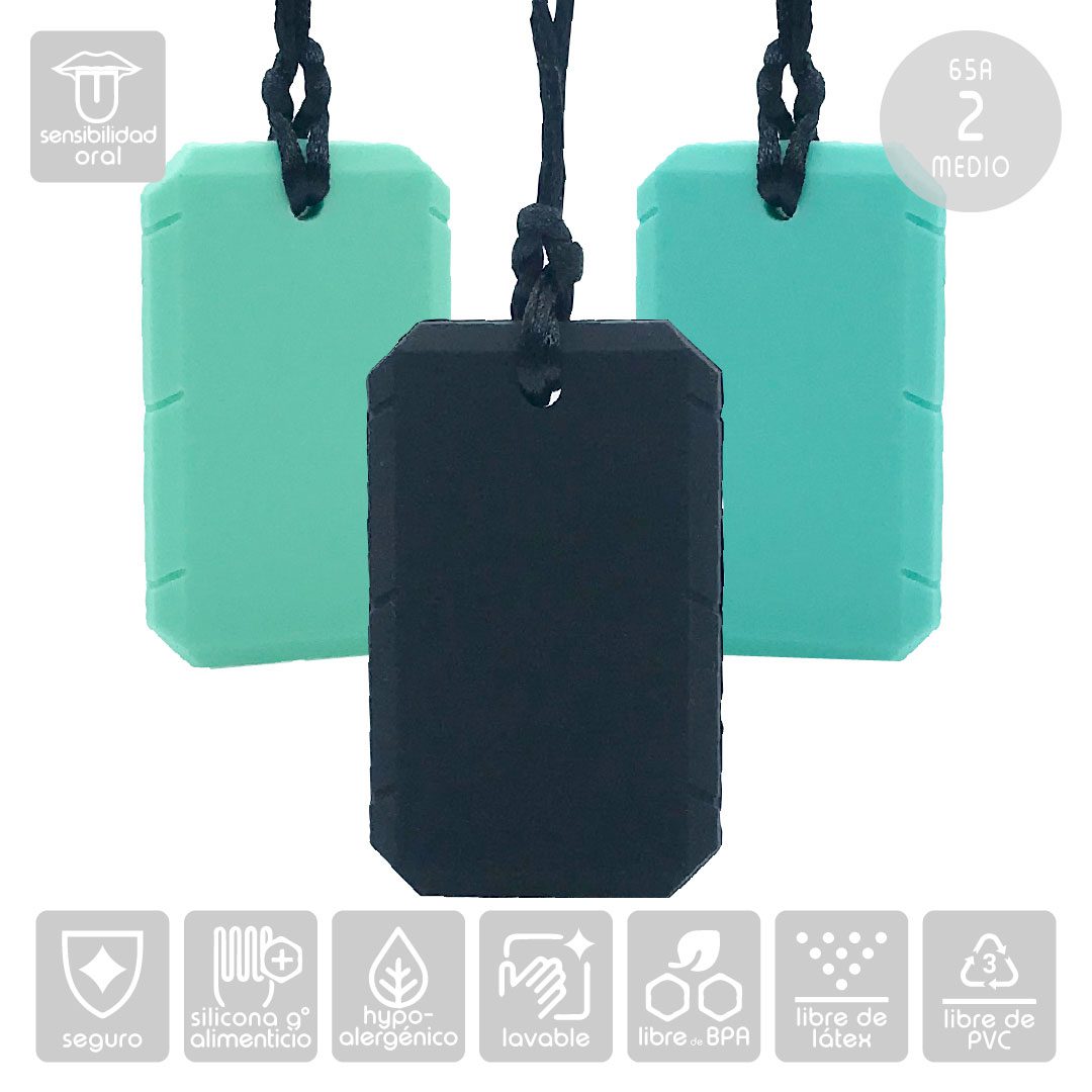 Mordedor sensorial adulto collar placa nivel 2 medio menta turquesa y negro